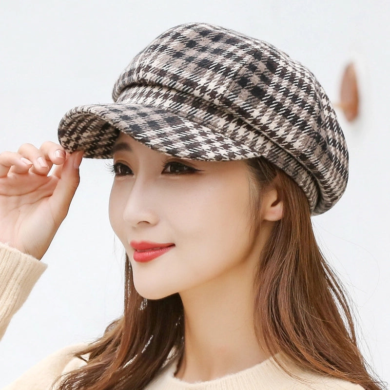Solid Color Korean Style Imitation Rabbit Fur Octagonal Cap Women's Autumn And Winter Duck Tongue Beret Trendy British Female Young Paintess Cap