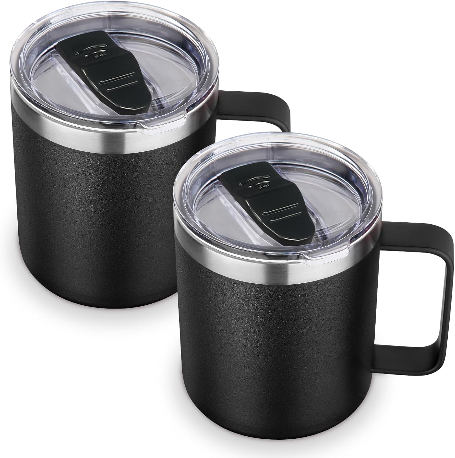 Volhoply 14oz Insulated Stainless Steel Coffee Mug with Leakproof Lid,Double Wall Vacuum Travel Coffee Cup with Handle,Reusable Metal Tumbler,Camping Mugs Keep Hot/Cold,Christmas Gifts(Black,1