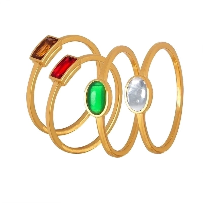 Minimalist Square Oval Titanium Steel Glass Stone Zircon 18K Gold Plated Plating Inlay Rings