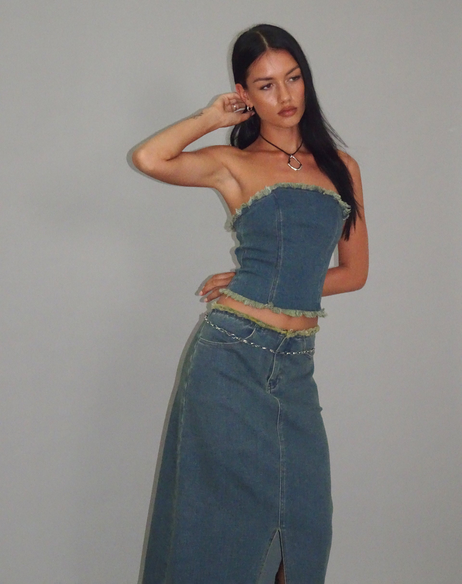 Omas Denim Bandeau Top in Brown Blue Acid Wash