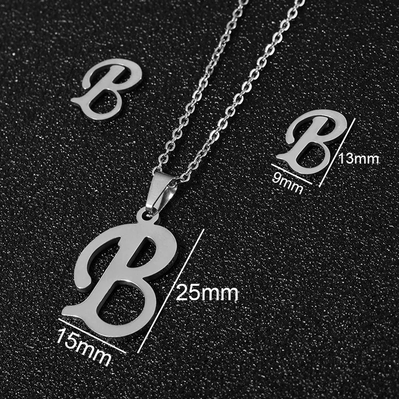 New Fashion Stainless  Jewelry 18K Gold Plated A-Z 26 Initial Letters Alphabet Pendant Necklace Earring Sets For Women