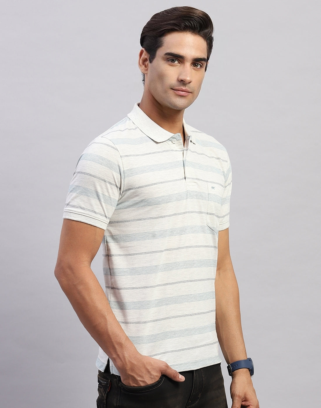 Men White Stripe Polo Collar Half Sleeve T-Shirt