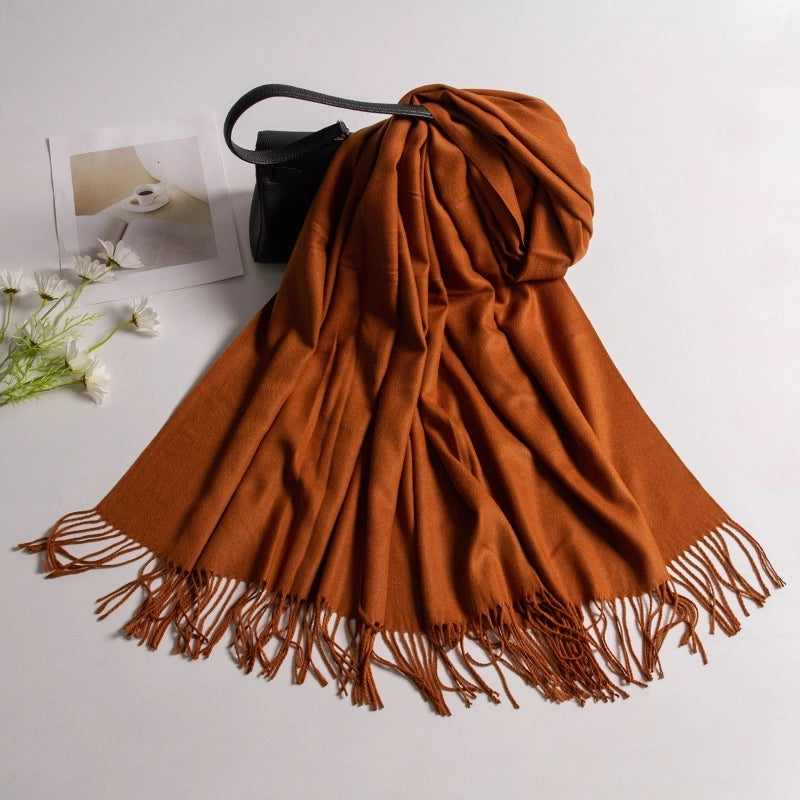 Autumn And Winter New Annual Meeting Cashmere Scarf Women's Tassel Shawl Padded Scarf Warm Solid Color Scarf