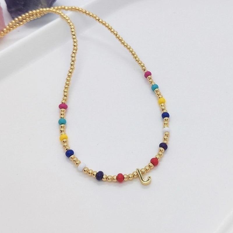 Ig Style Minimalist Letter Glass Copper Beaded Knitting Plating 18k Gold Plated Necklace