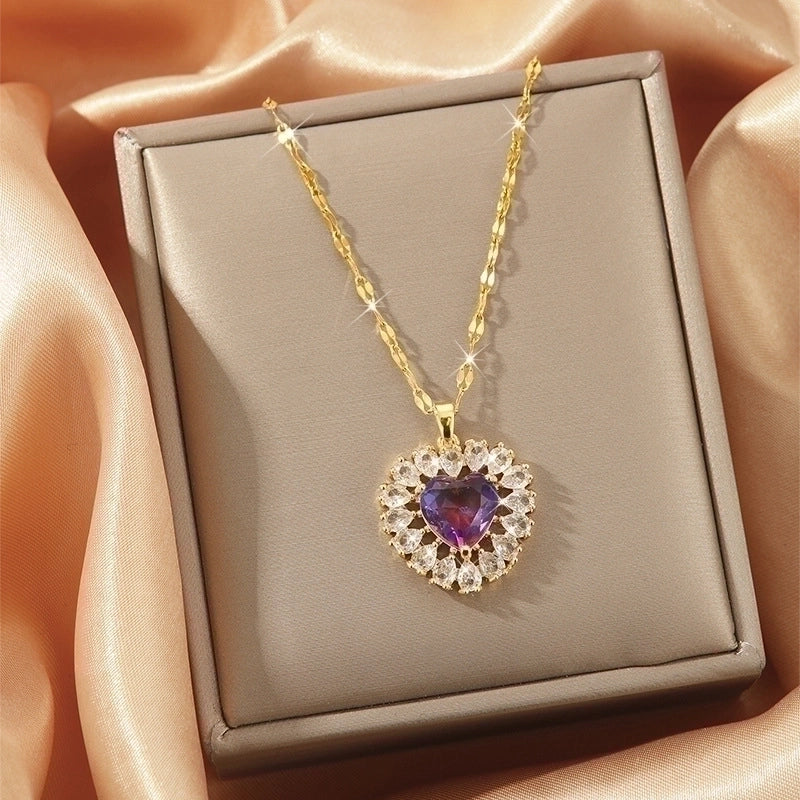 3 Pieces Lady Heart Shape Flower Titanium Steel Plating Inlay Zircon Gold Plated Pendant Necklace