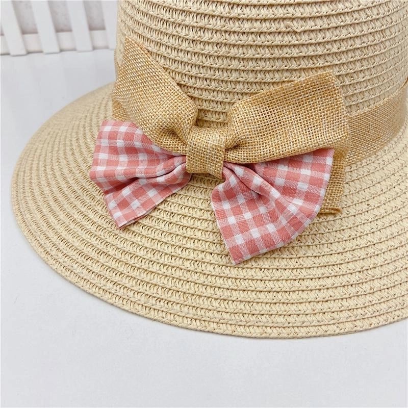 Summer Plaid Bow Straw Fisherman Hat Shade Travel Straw Hat