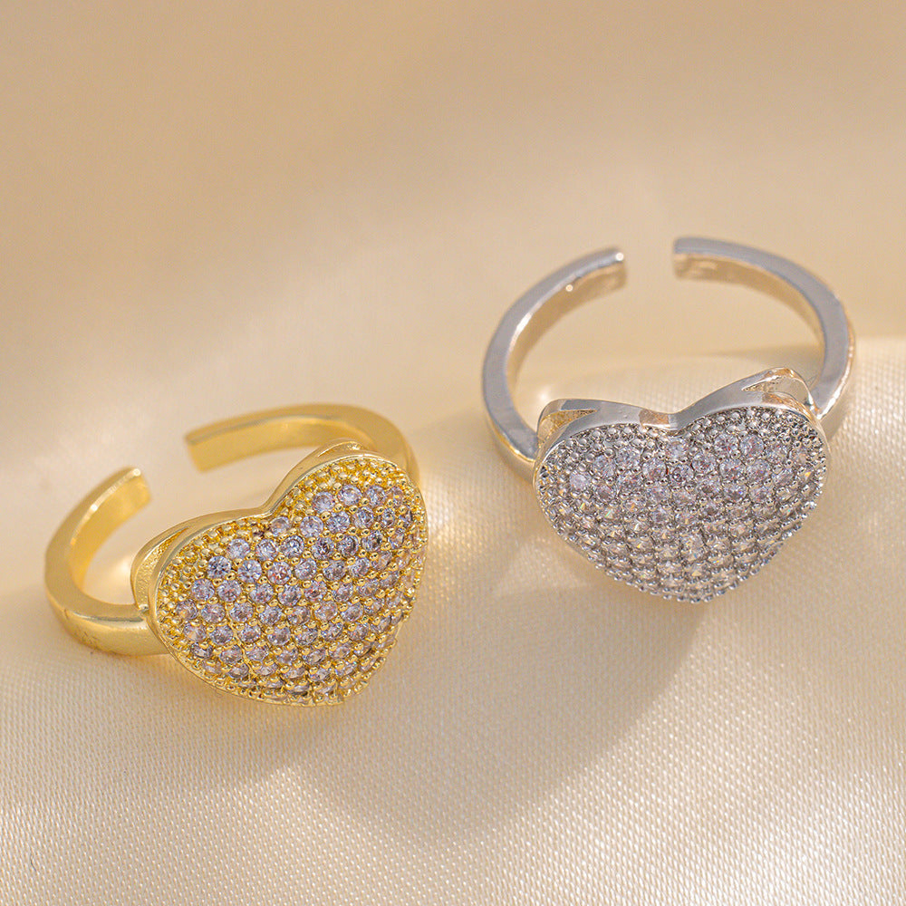 Fashion Zircon Love Ring Female Ins Design Niche High-End Open Ring