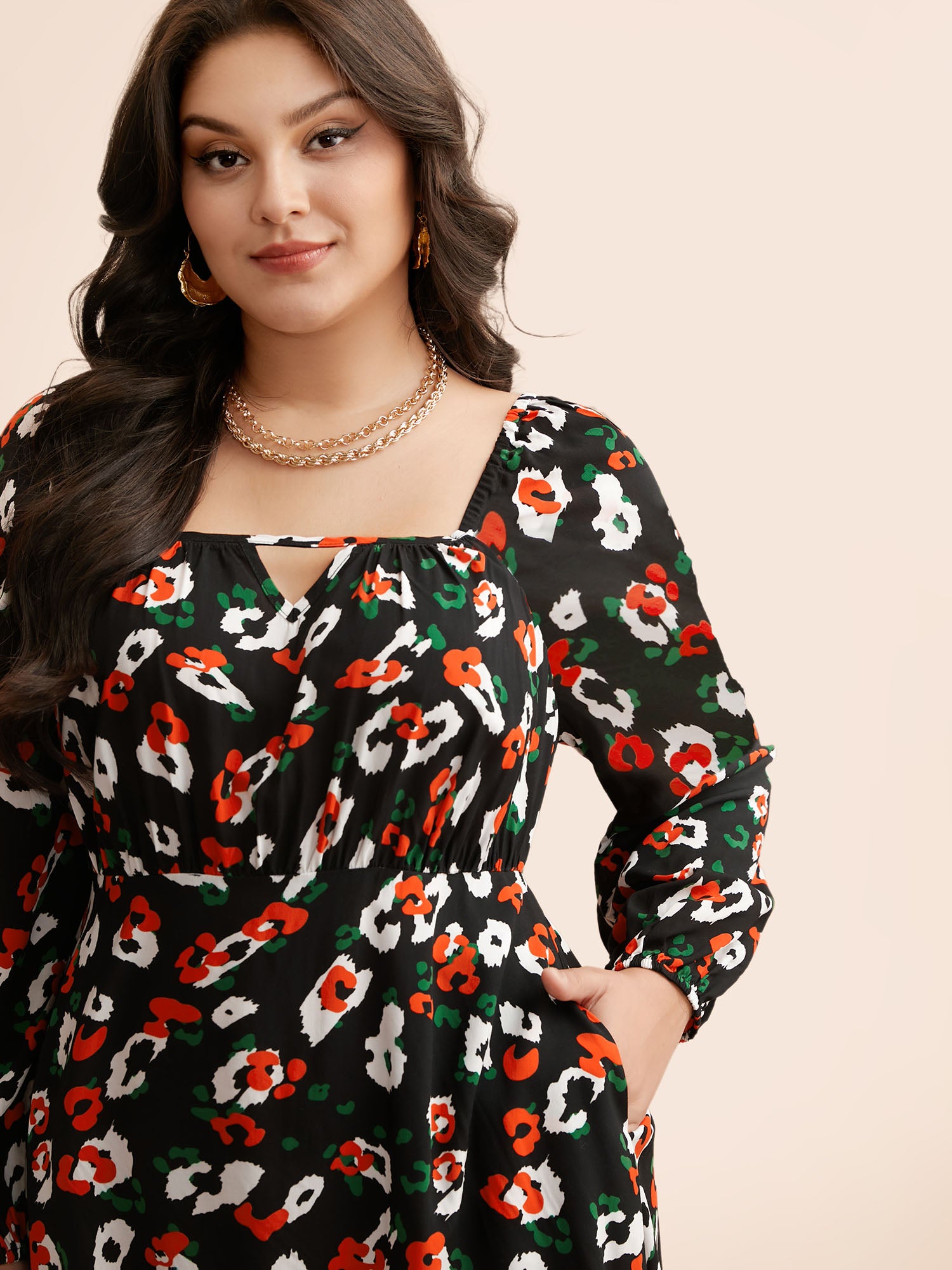 Square Neck Animal Print Keyhole Dress