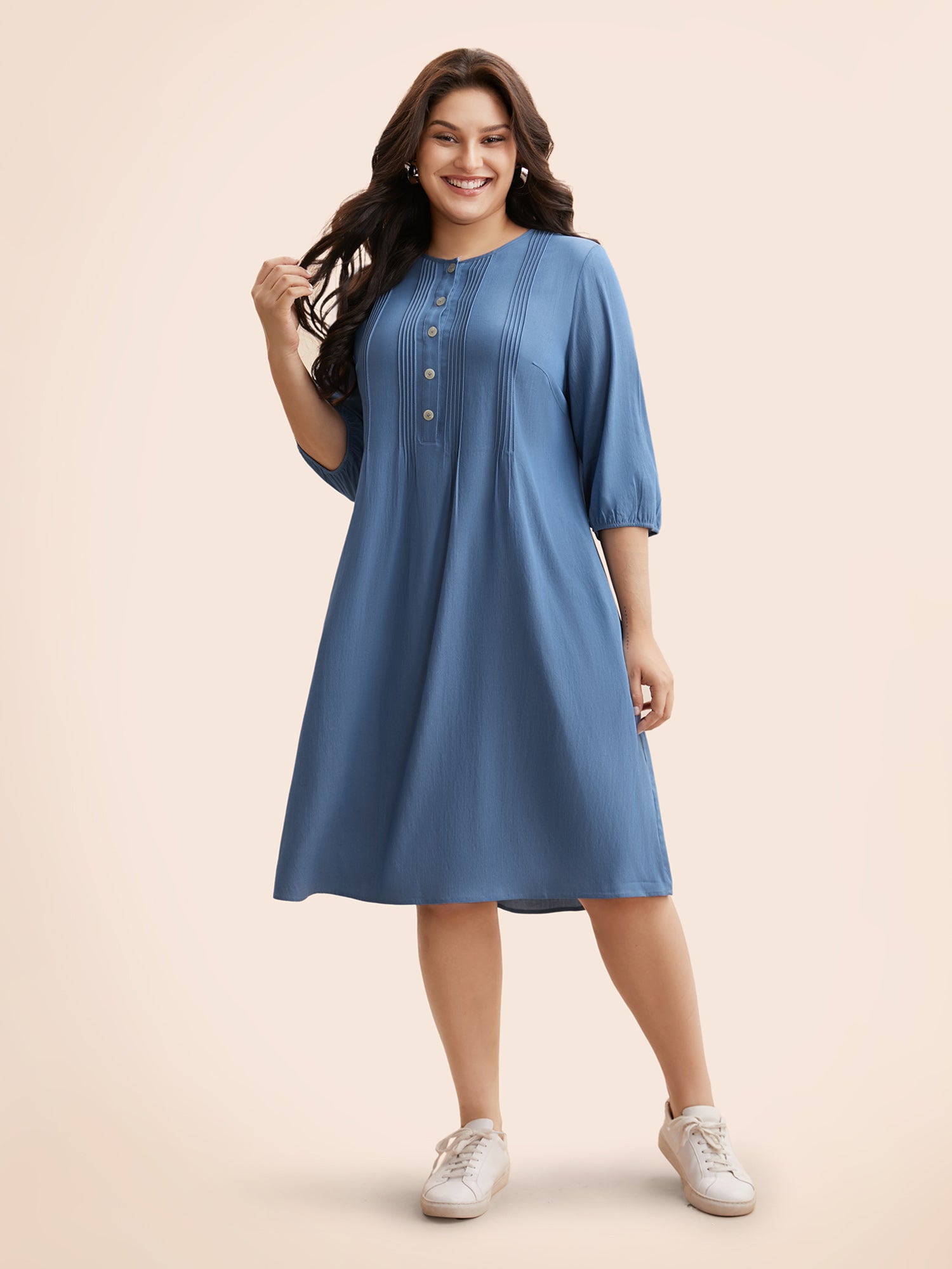 Solid Pleated Button Up Dress