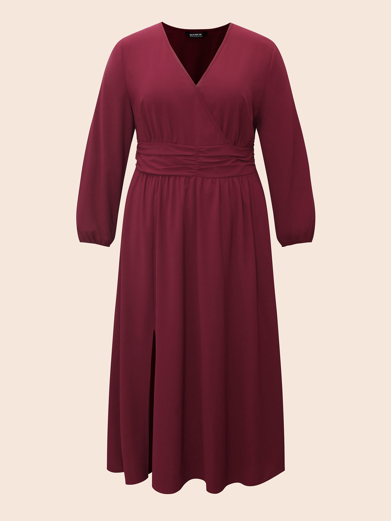 Overlap Collar Ruched Lantern Sleeve Maxi Dress