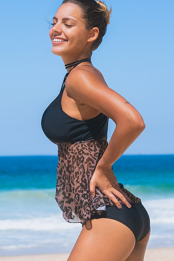 Mesh Patchwork Leopard Print Tankini Set
