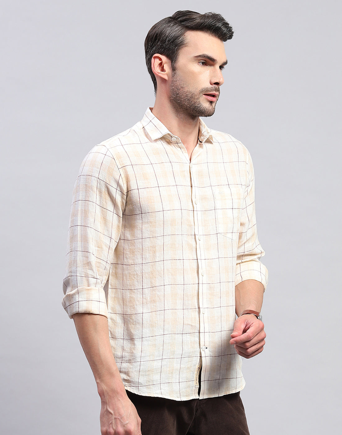 Men Beige Check Collar Neck Full Sleeve Shirt