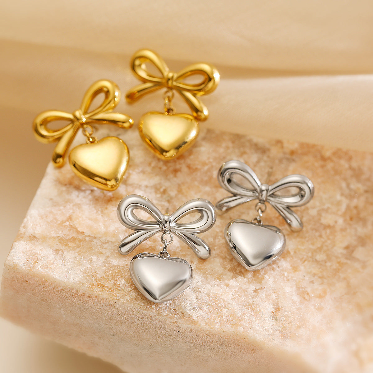 Minimalist Heart Bowknot Geometric Stainless Steel Drop Earrings