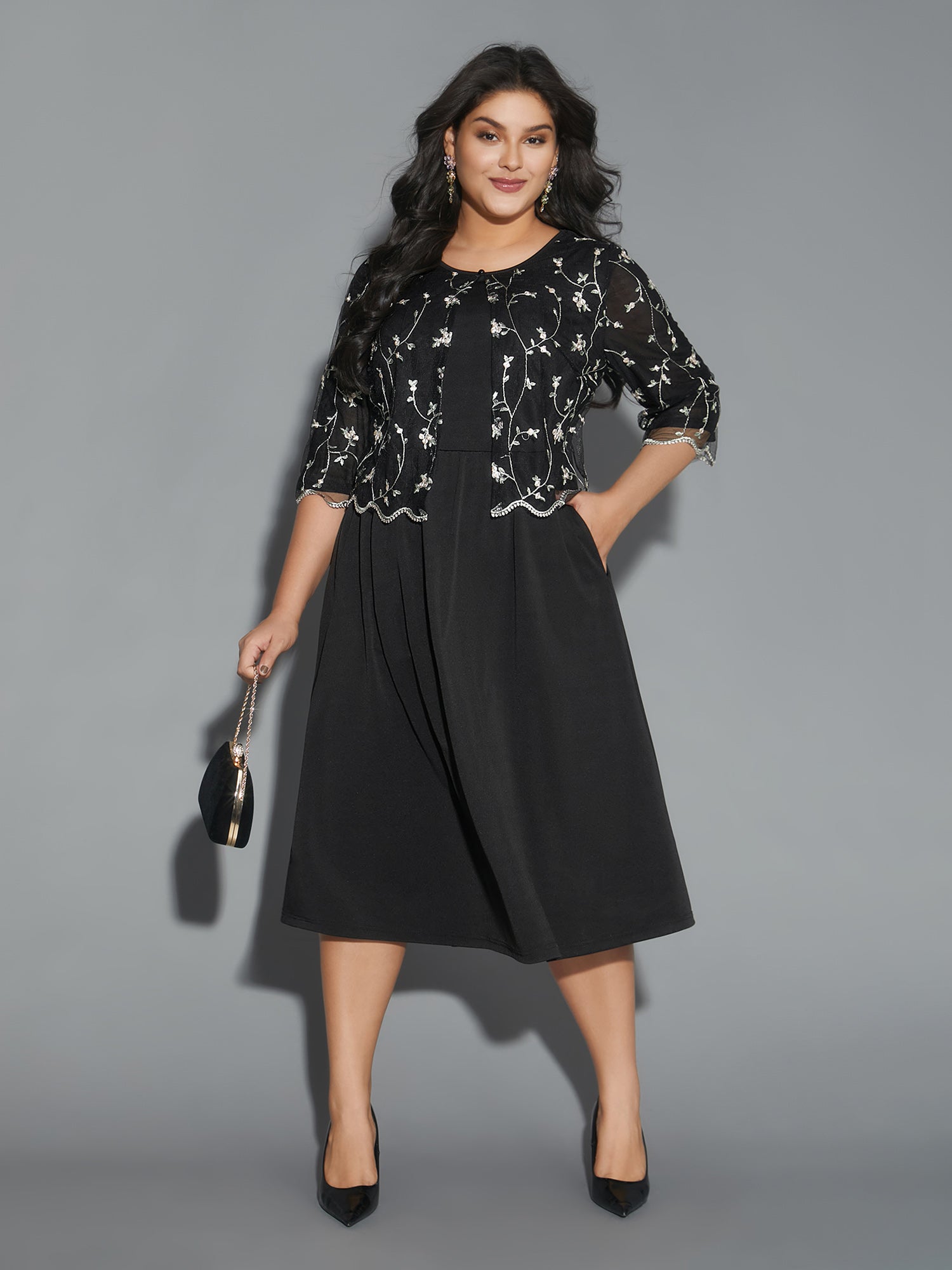 Round Neck Floral Embroidered  Dress