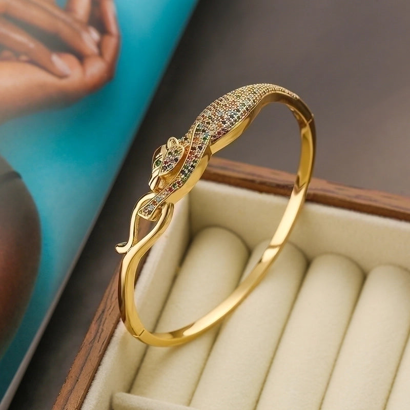 2 Pieces Hip-hop Leopard Copper 18k Gold Plated Pearl Zircon Bangle In Bulk