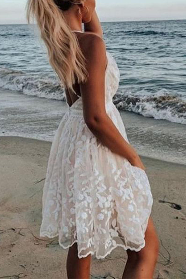 V-Neck Lace Embroidered White Dress