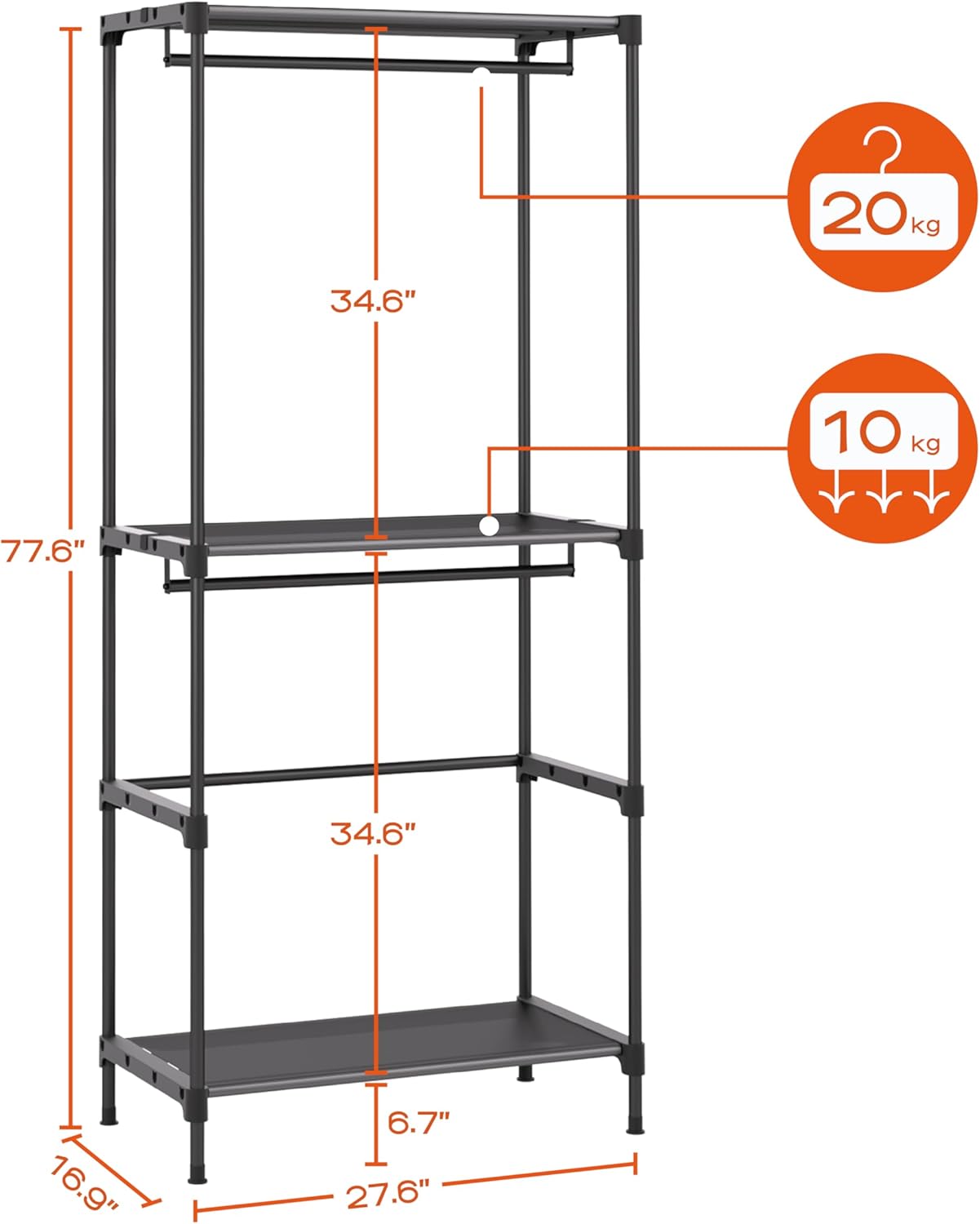 Clothes Rack, Portable Closet, 54.3 Inch Large Capacity Wardrobe Closet, Clothes Storage Organizer with Shelves and 3 Hanging Rods, Easy to Assembly, Black PCT022B01