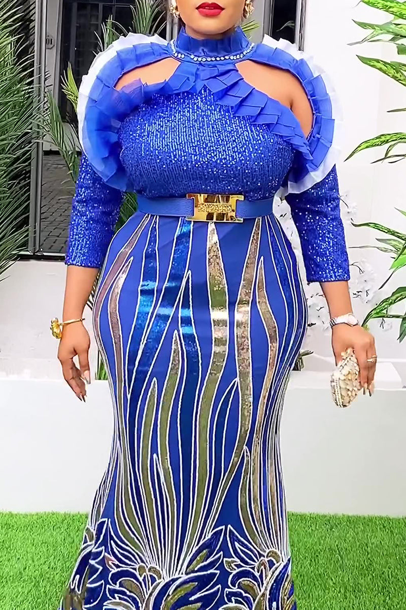 Elegant Hollow Out Patchwork With Belt Turtleneck Evening Plus Size Dresses