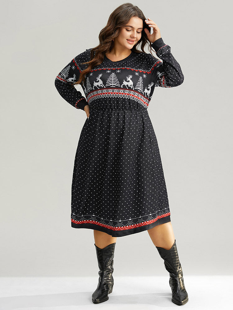 Christmas Elk Patchwork Polka Dot Pocket Dress