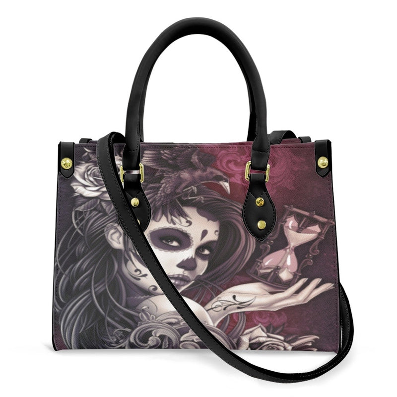 Halloween Women's Medium Pu Leather Human Floral Streetwear Square Hook Loop Customized Tote Bag
