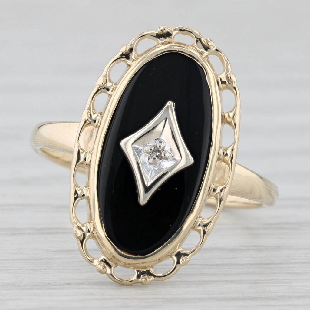 Vintage Onyx Diamond Signet Ring 10k Yellow White Gold Size 7.25