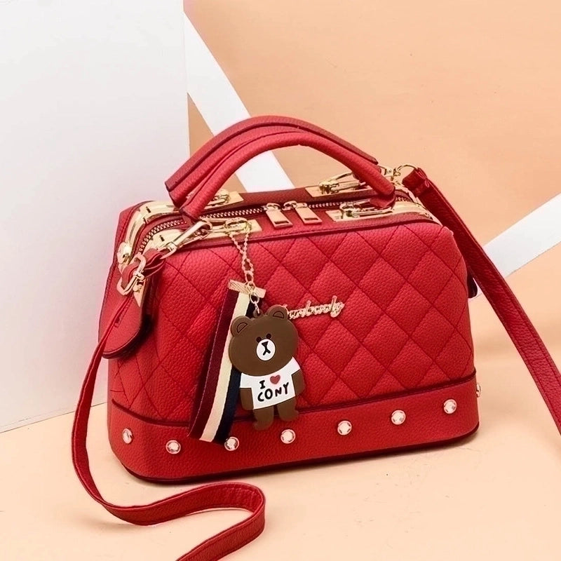 Women's Medium Pu Leather Solid Color Cute Ornament Square Zipper Crossbody Bag