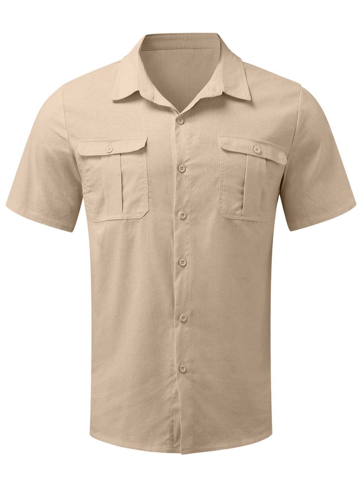 7-Pack Men's Shirts Double Pocket Cotton Linen Short Sleeve Shirts Casual Vacation Shirts
