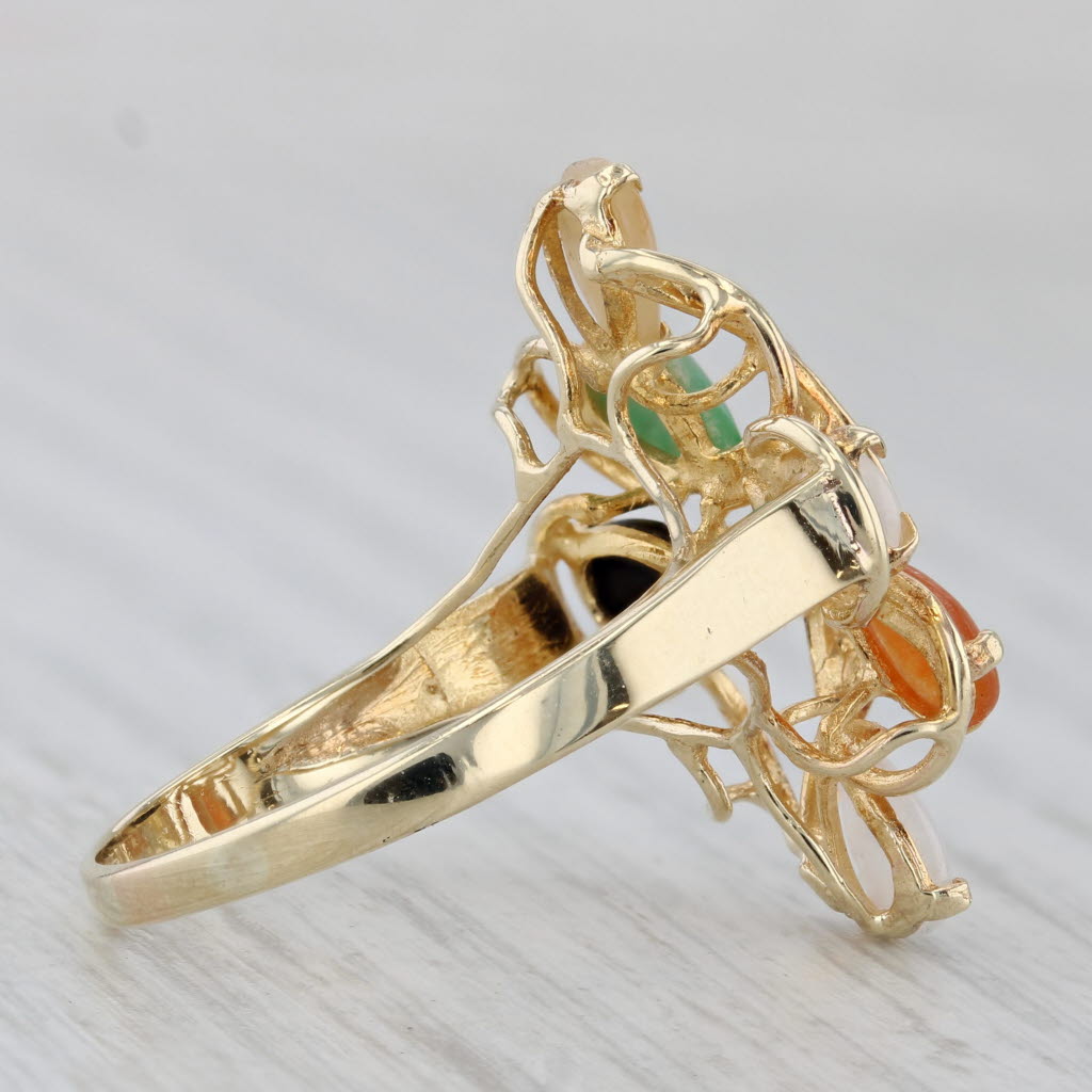 Multicolor Jadeite Jade Ring 14k Yellow Gold Pear Cabochons Size 7.75
