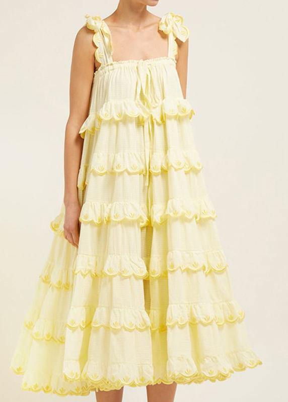 Elegant Patchwork Ruffles Yellow For Women Off Shoulder Sleeveless Oversized Dresses