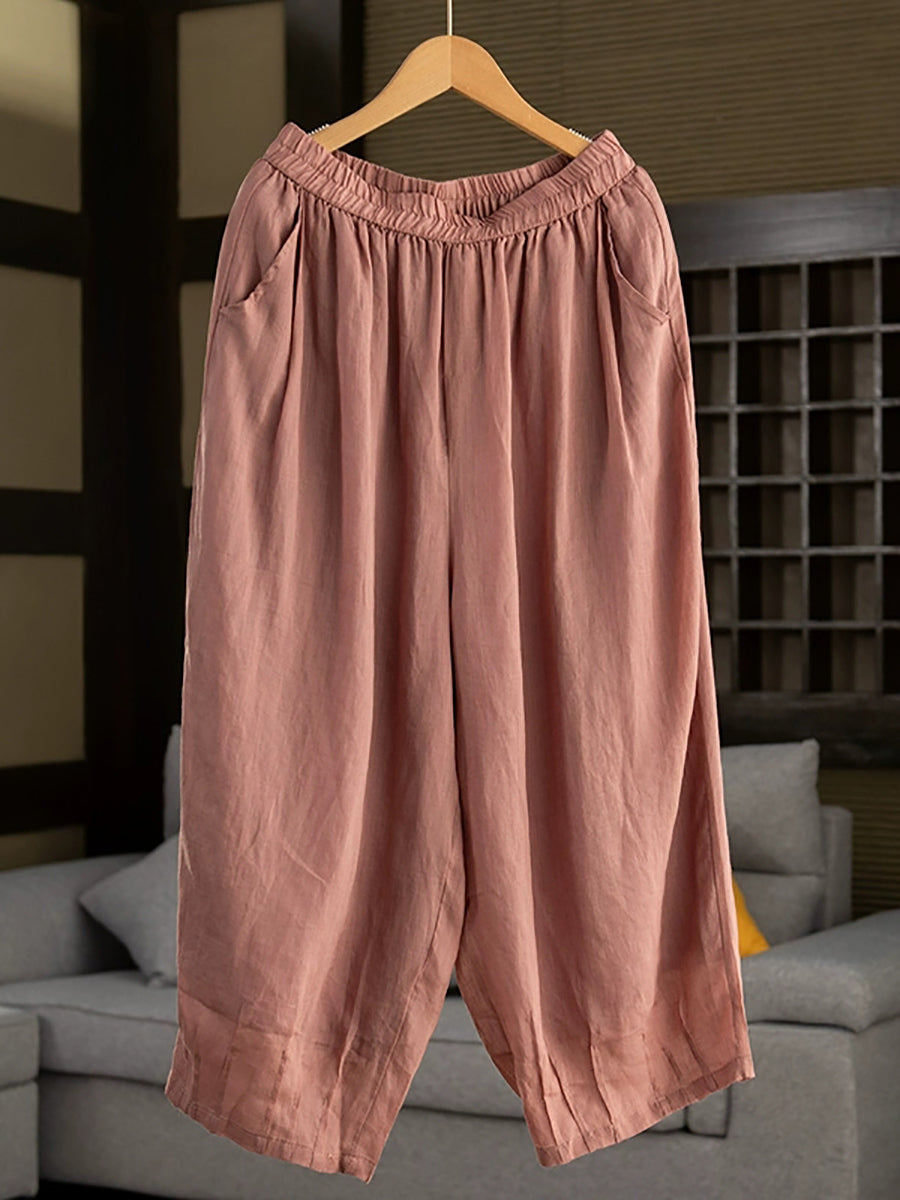 Women Summer Retro Pure Color 100%Ramie Bloomers