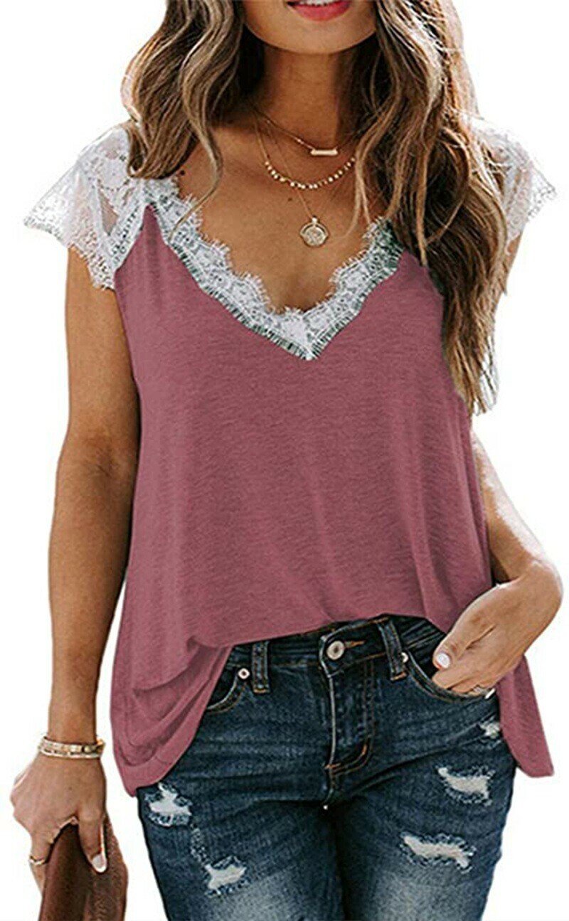 🔥🔥Women's V Neck Lace Vest Summer Casual Short-sleeved Top