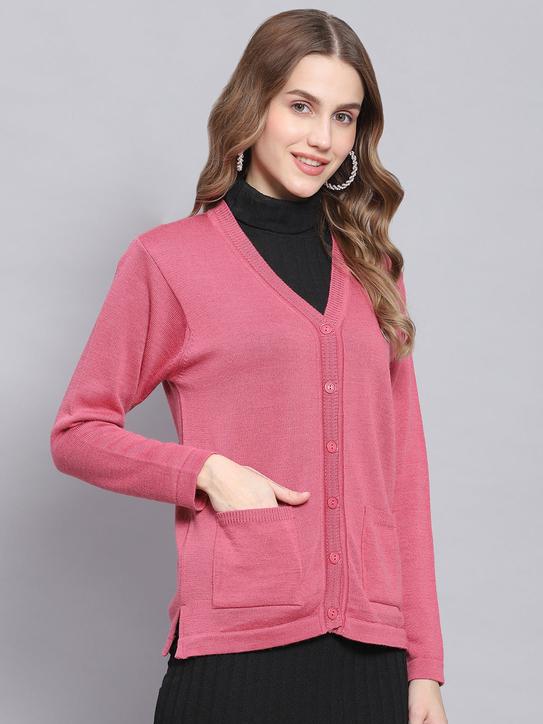 Women Pink Solid V Neck Full Sleeve Cardigans