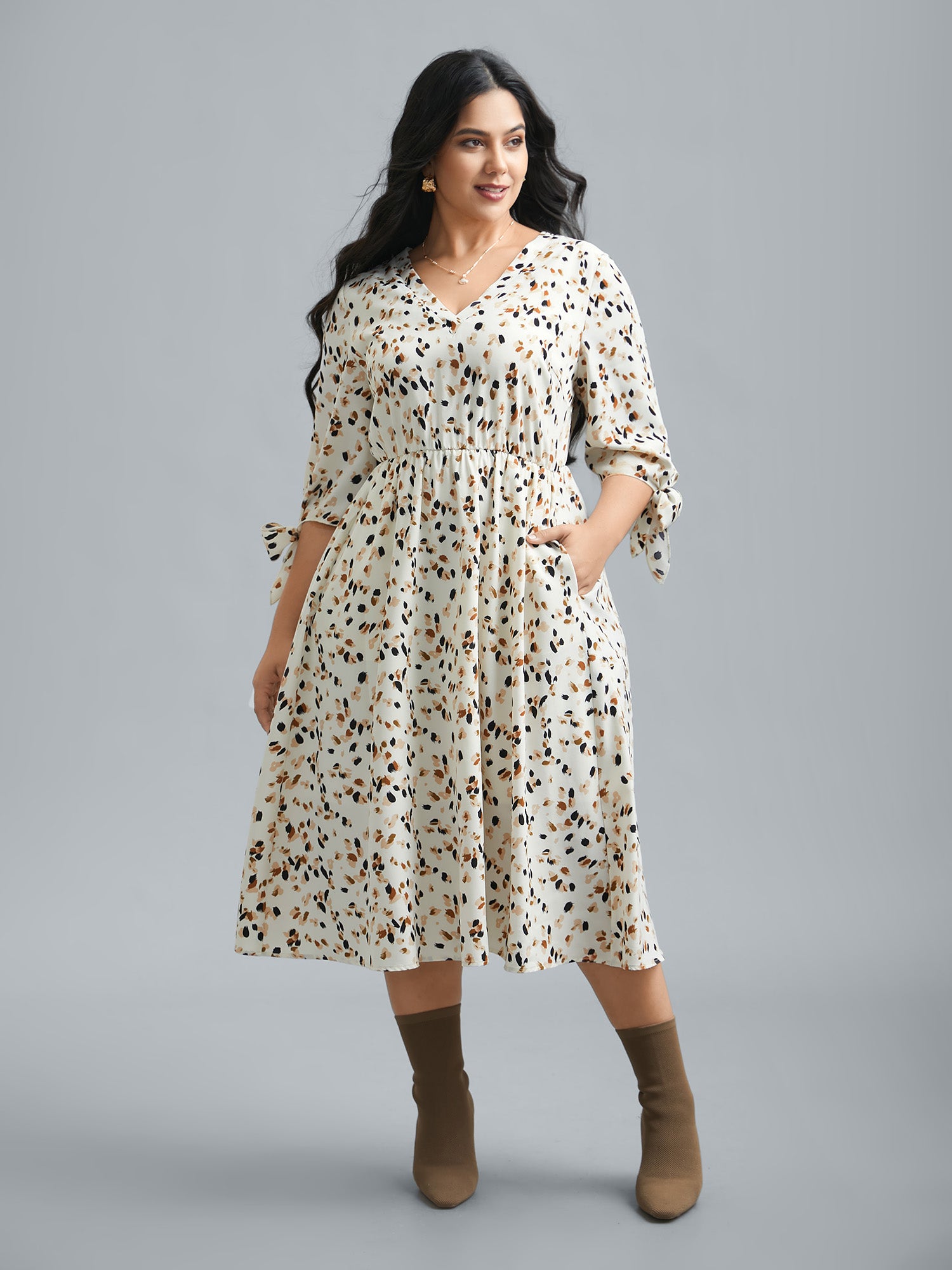 Printed Stretchy Waist-Cinched Midi Dress