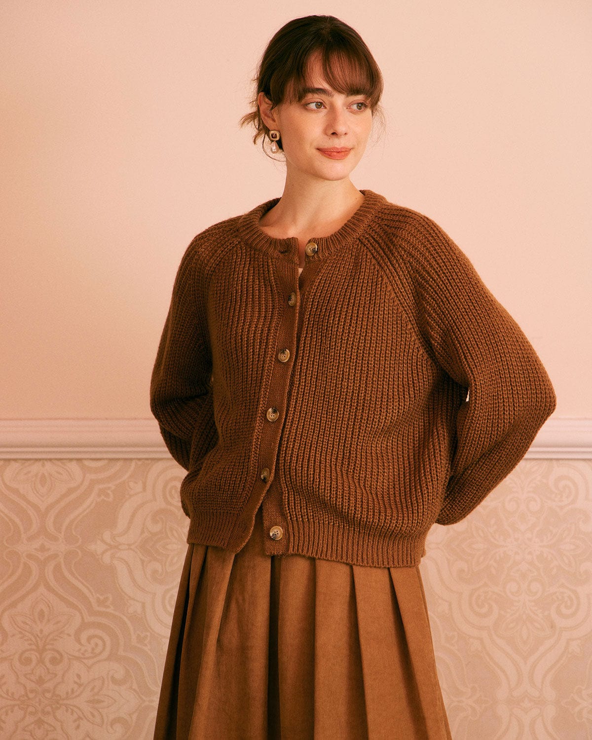 The Brown Round Neck Ribbed Knit Cardigan