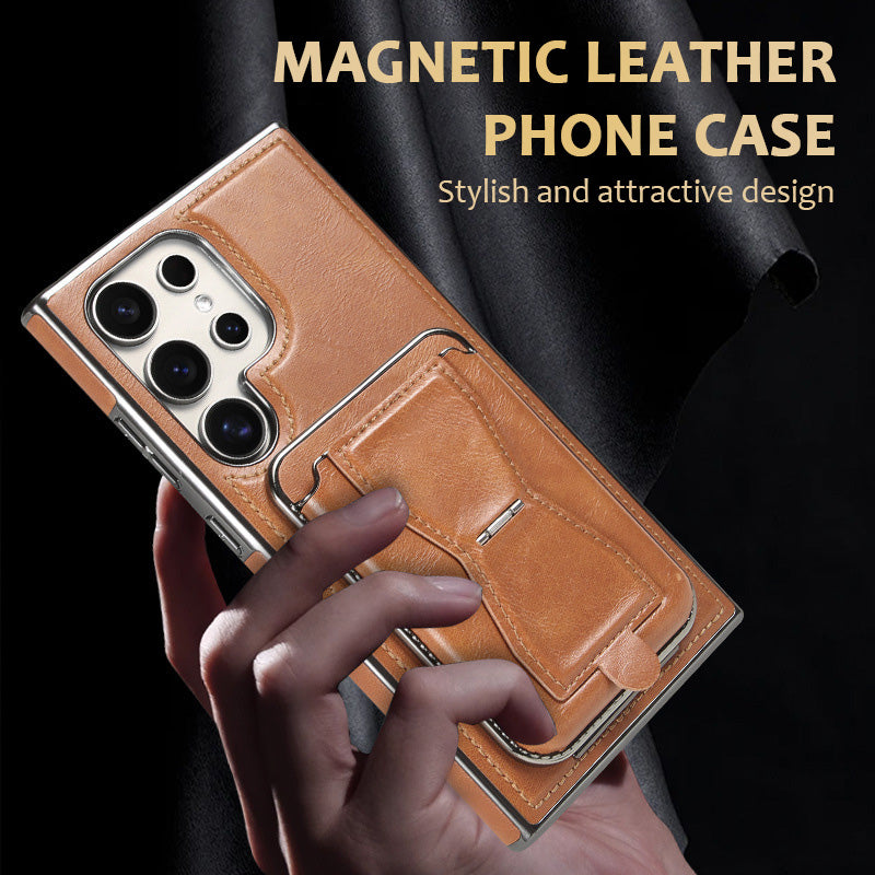 Antilekhoesje voor mobiele telefoon met volledig oppervlak. gemaakt van echt leer (Samsung Galaxy S23 S24 Plus Ultra) met magnetische kaarthouder