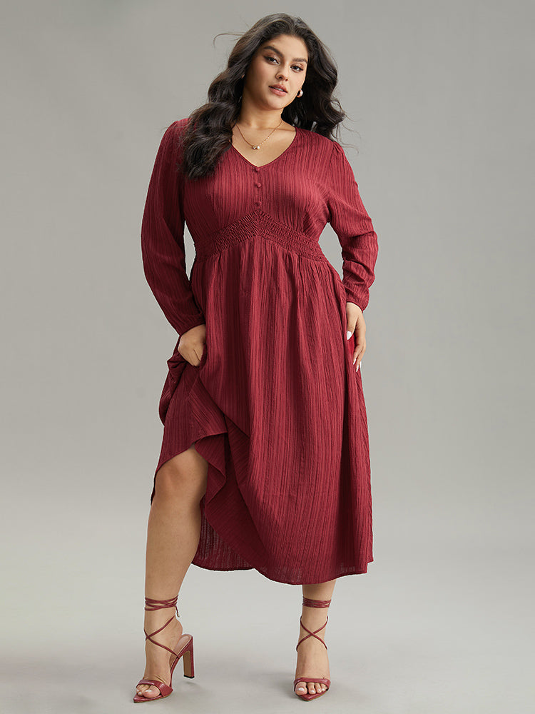 Solid Plisse Button Detail Shirred Dress