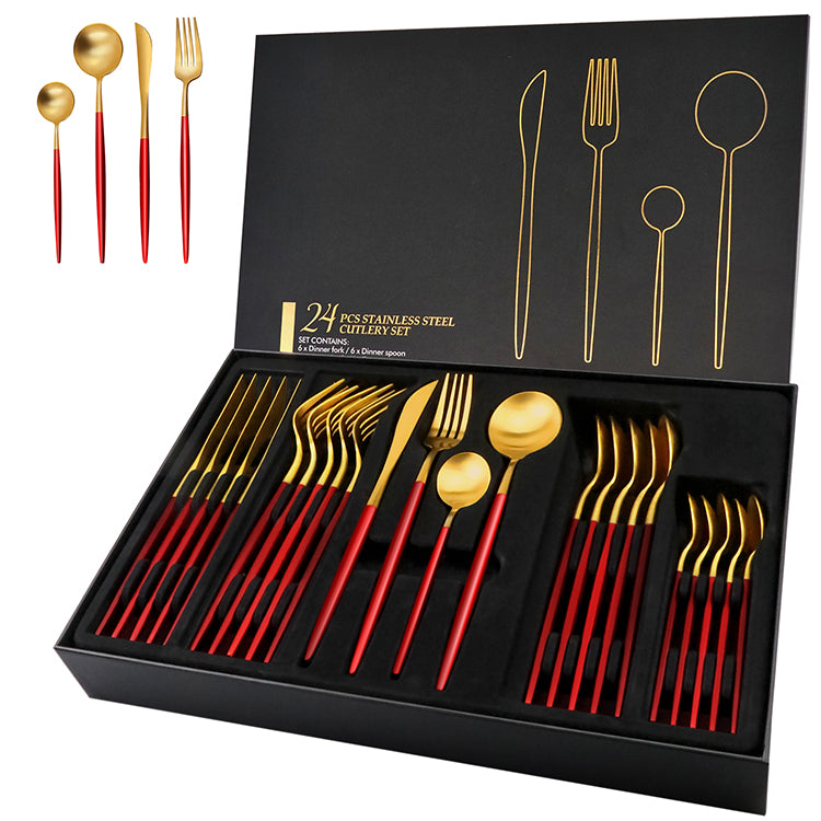 Red/Golden(4406)-24 PCs Premium Steel Cutlery Set