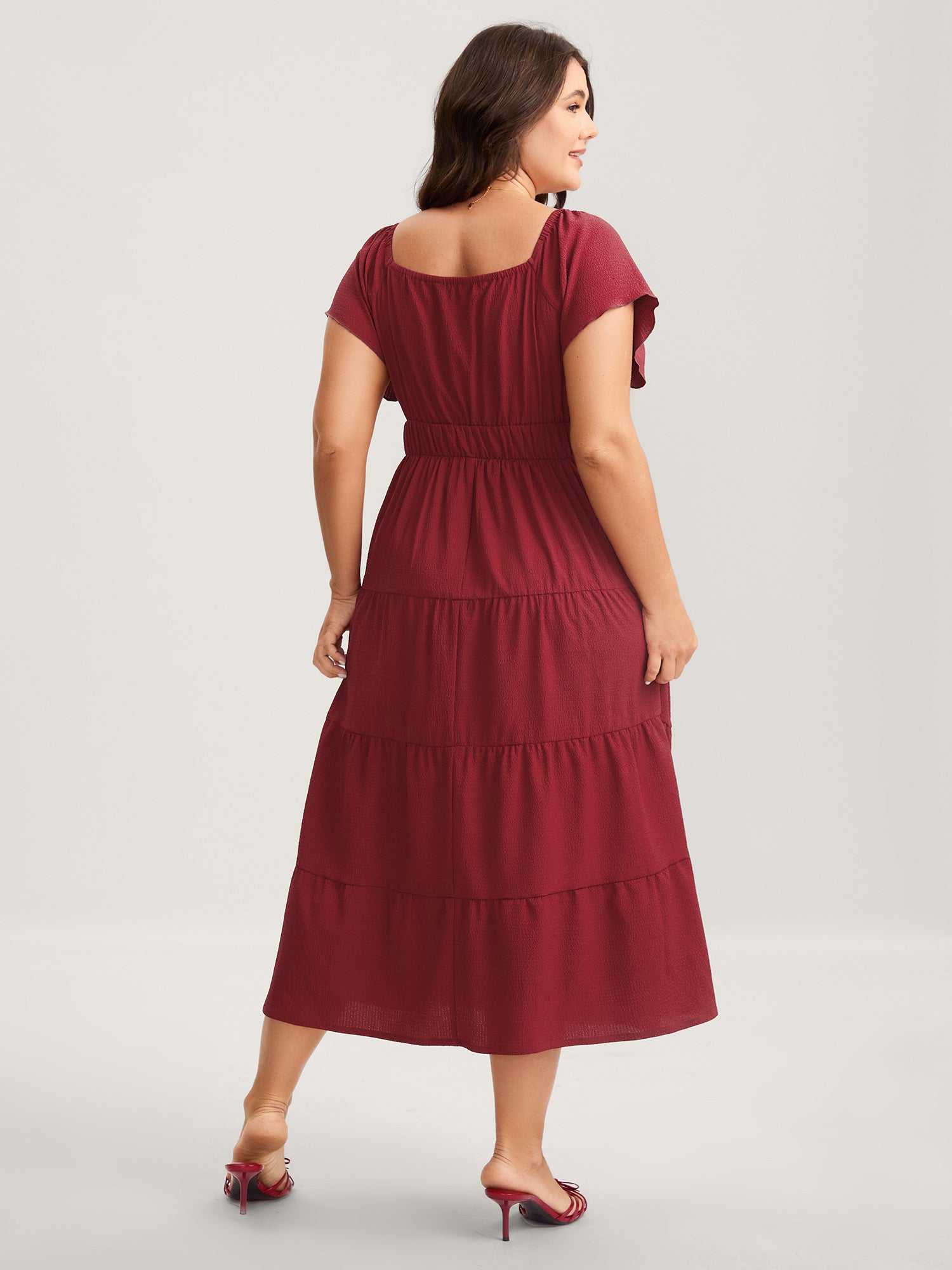 Stretchy Waist Tiered Solid Midi Dress
