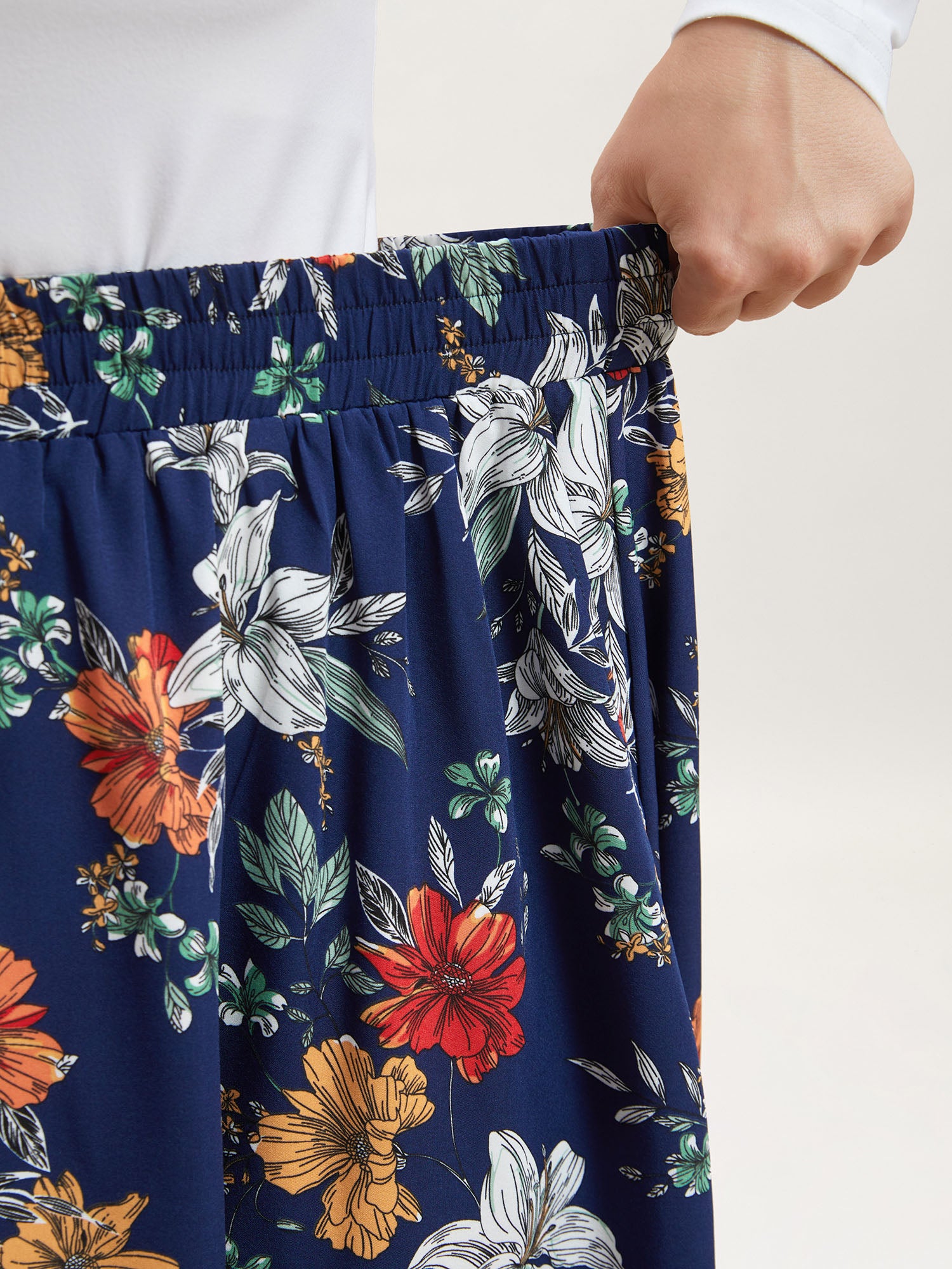 Floral Print Drawstring Pleated Midi Skirt