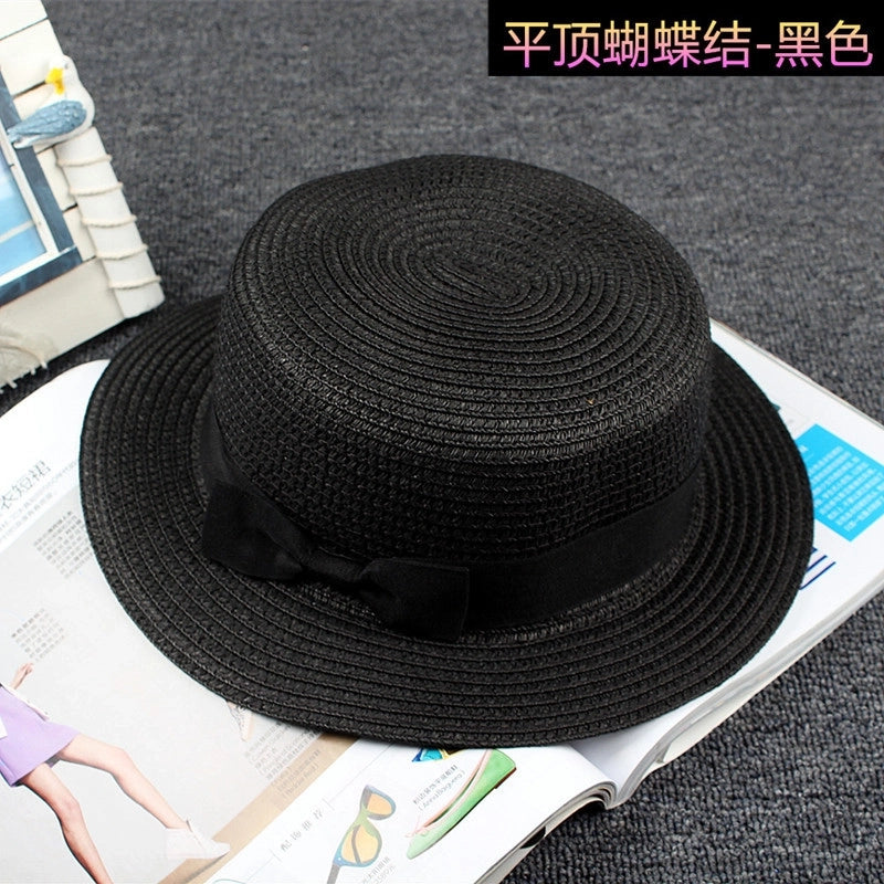Straw Hat Sun Hat Trendy Women Summer Bow Straw Flat Top Hat