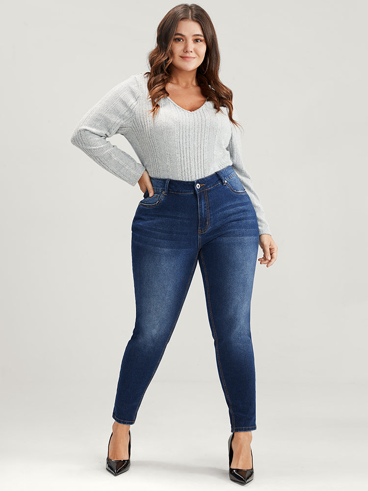 Mom Jeans Straight Very Stretchy High Rise Medium Wash Contrast Jeans