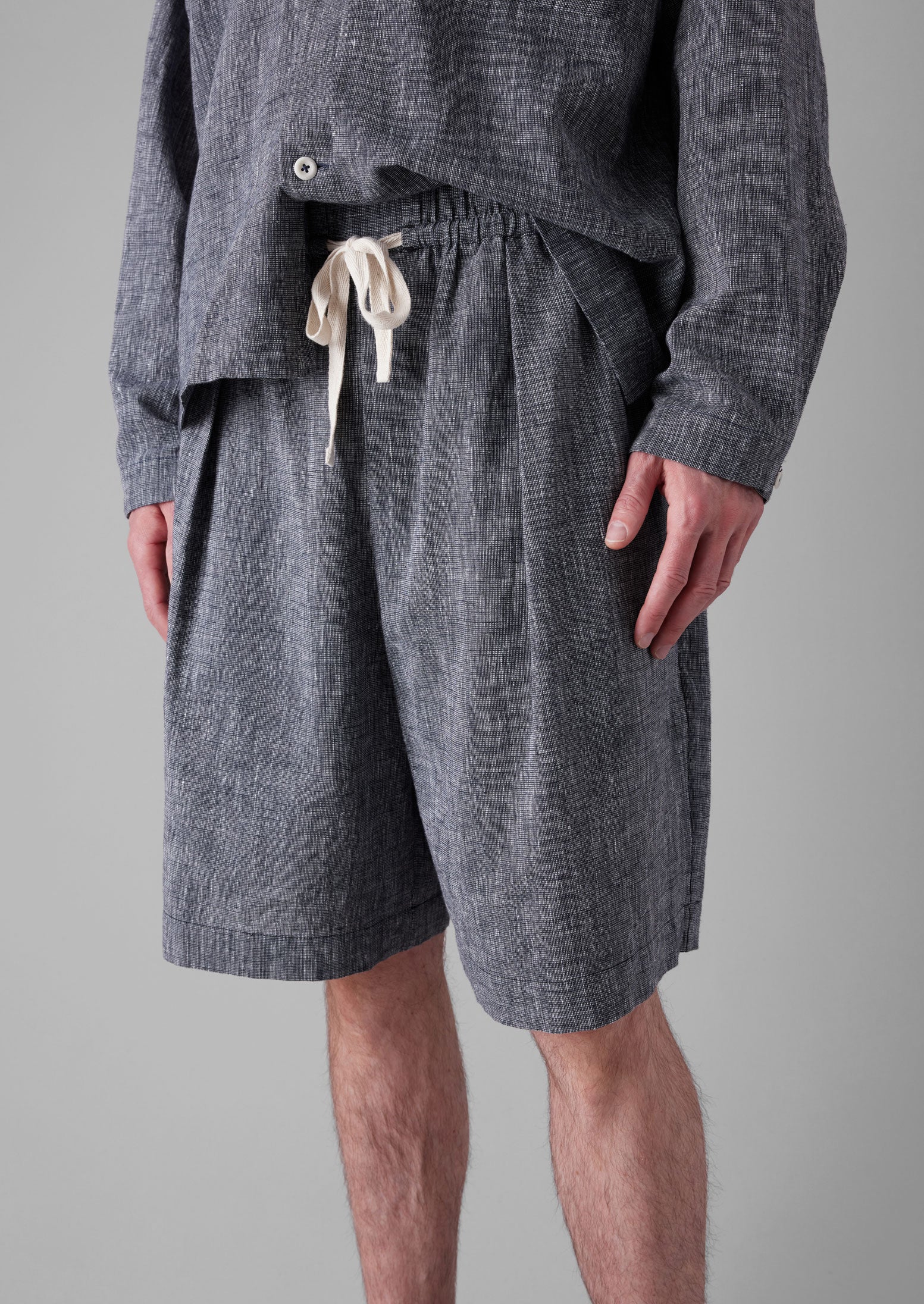 Etched Linen Cotton Drawstring Shorts | Blue Melange