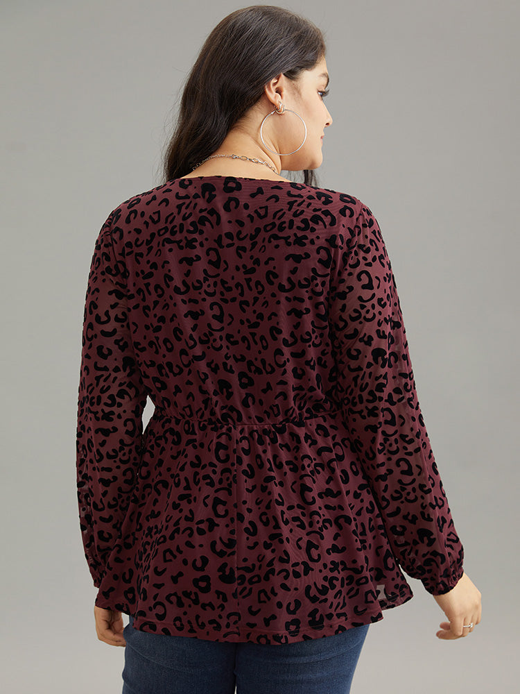 Leopard Flocking Mesh Patchwork Wrap Blouse