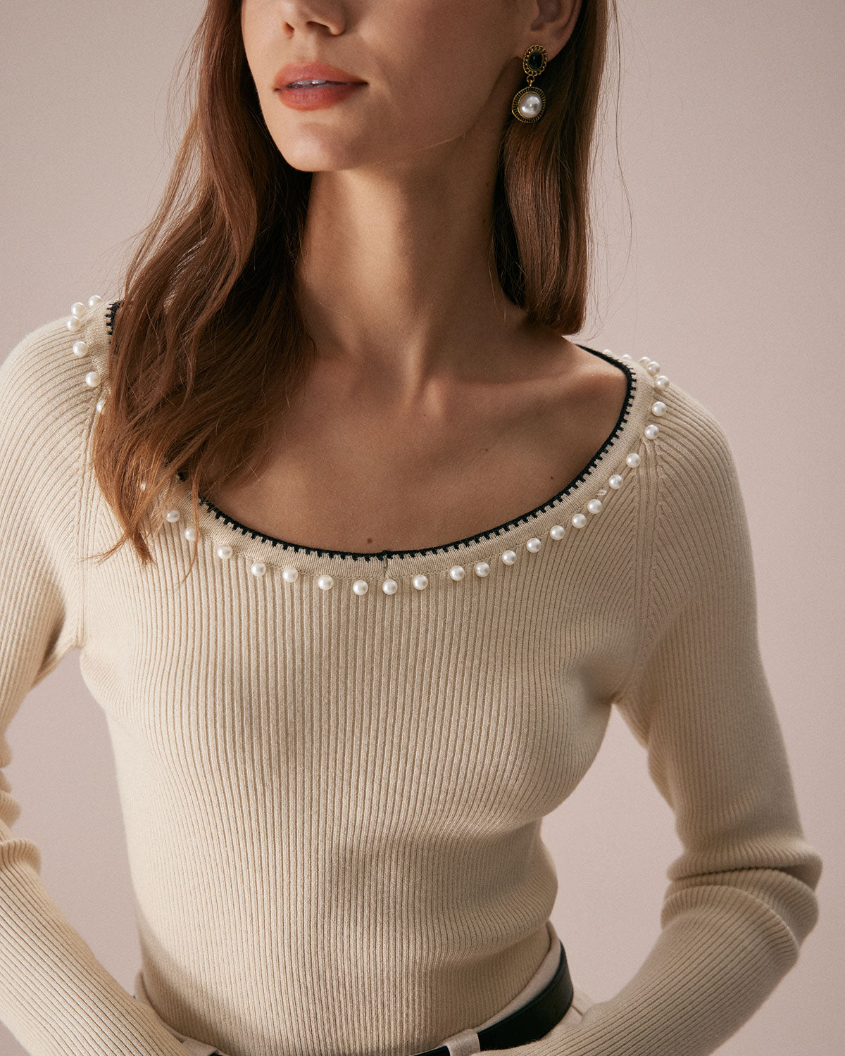 The Apricot Round Neck Pearl Trim Knit Top