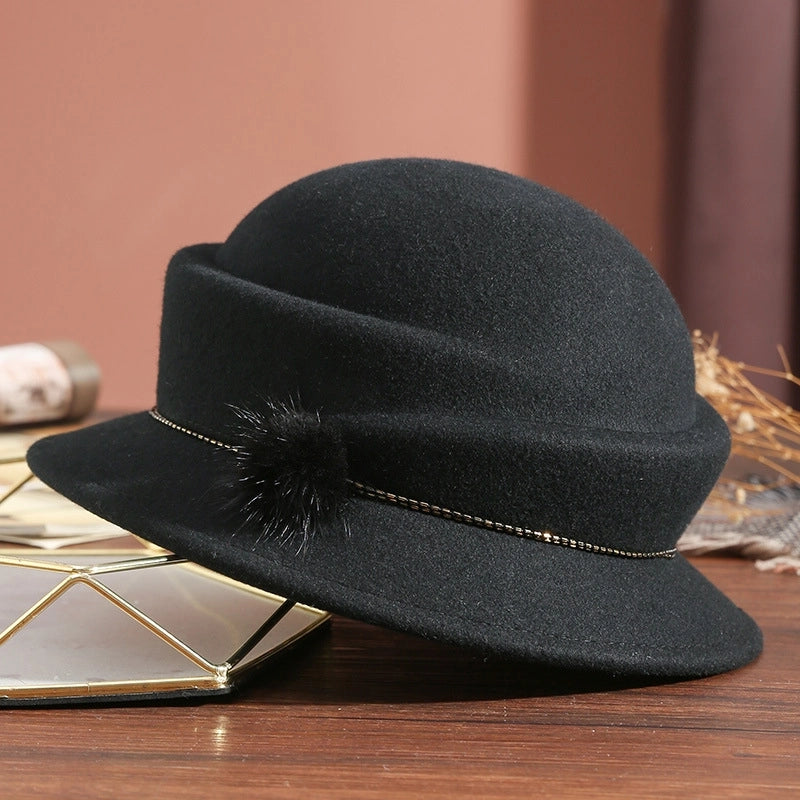5 Pieces Autumn And Winter Hat Female Bowler Hat Pure Wool Woolen Hat Shaping Hat Elegant Mink Fur Ball Bright Beads Decoration 1215