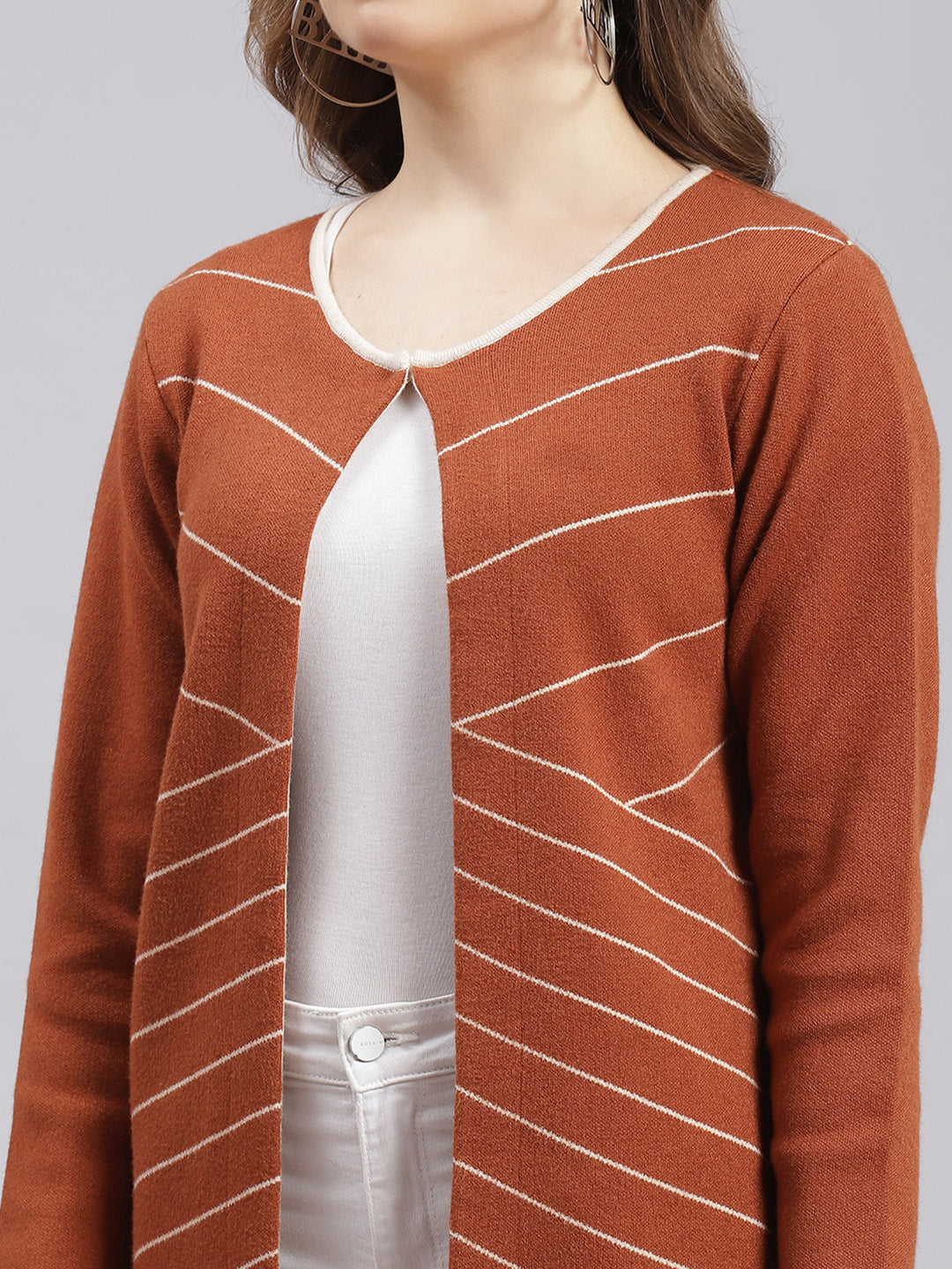 Women Beige Stripe Wool blend Cardigan