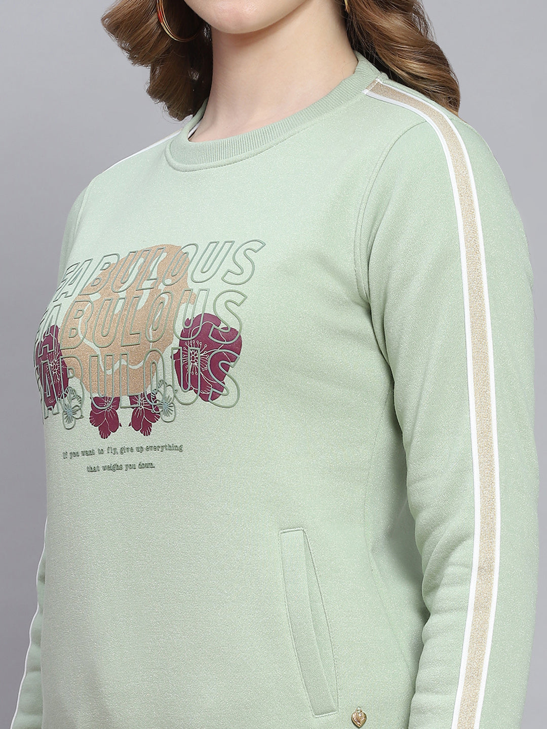 Women Green Printed Round Neck Full Sleeve Sweatshirts