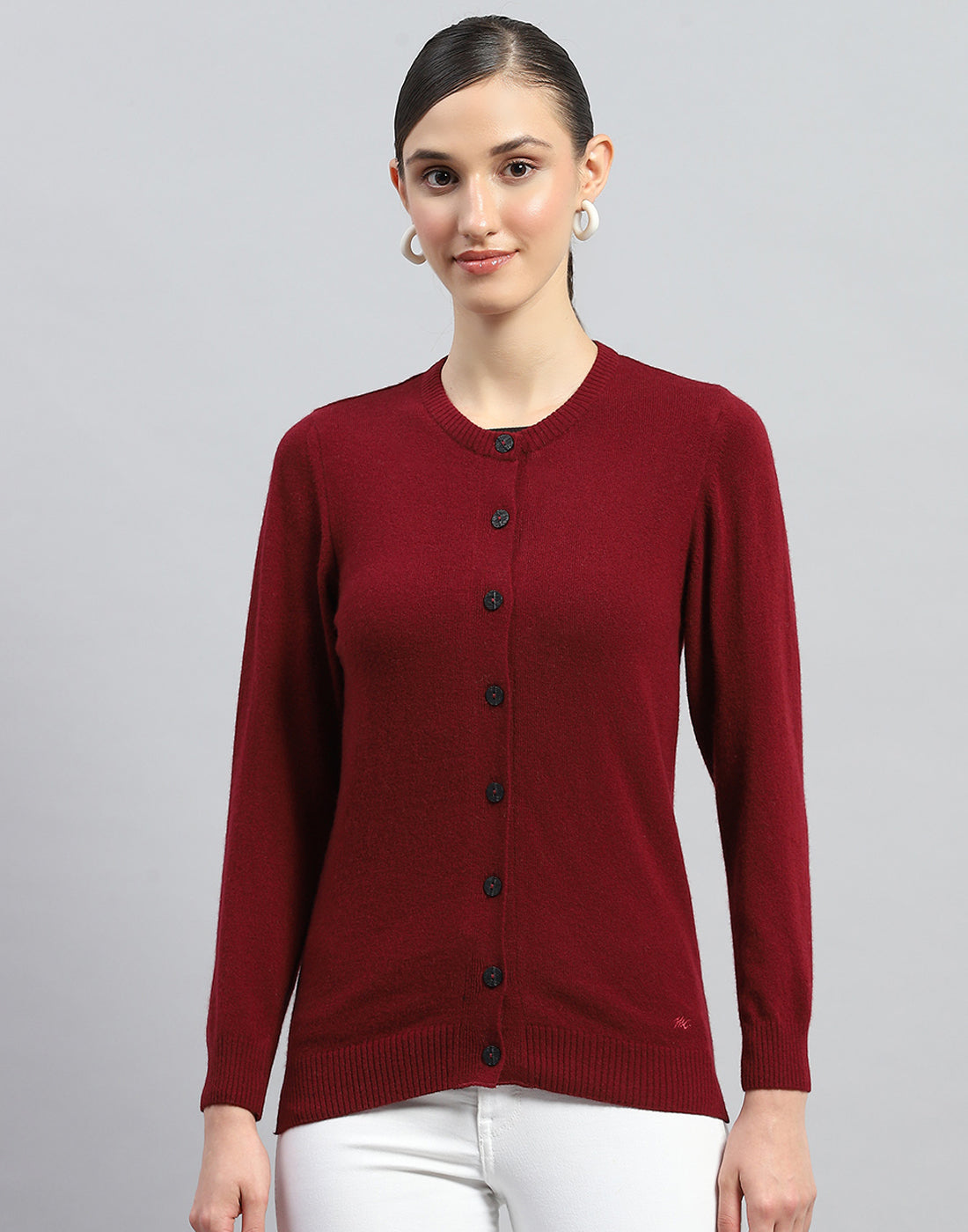 Women Maroon Solid Round Neck Full Sleeve Cardigan