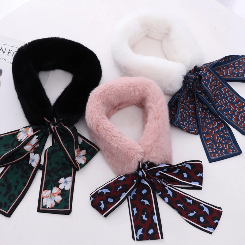 Women's Sweet Solid Color Bow Knot Leopard Faux Rabbit Fur Chiffon Scarf