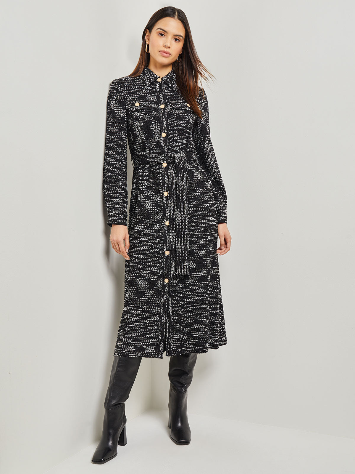 Belted Button Front Tweed Knit Midi Dress